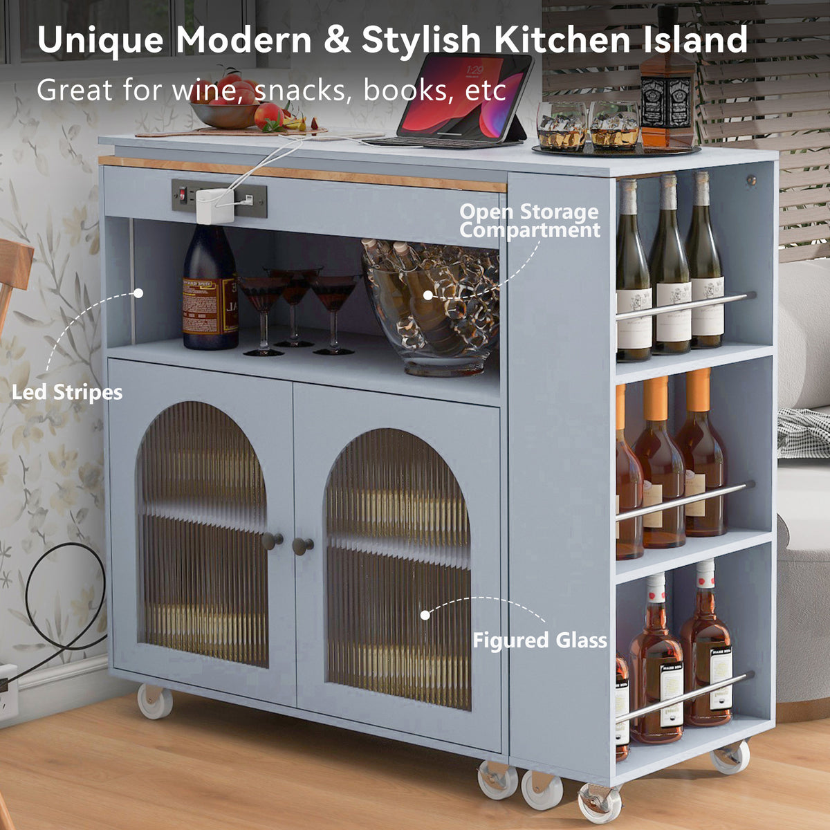 K&K Rolling Kitchen Island With Extended Table, Kitchen Island on Wheels with LED Lights,Power Outlets and 2 Fluted Glass Doors, Kitchen Island with a Storage Compartment and Side 3 Open Shelves, Grey WF316018AAG-djyc