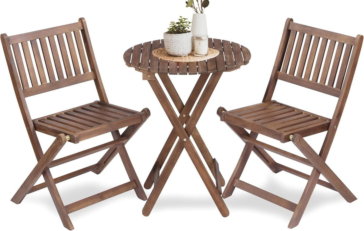 3-Piece Acacia Wood Bistro Set, Wooden Folding Patio Furniture for Garden Backyard Balcony Porch w/ 1 Coffee Table and 2 Foldable Chairs, Natural Stained W2640P209682-djyc