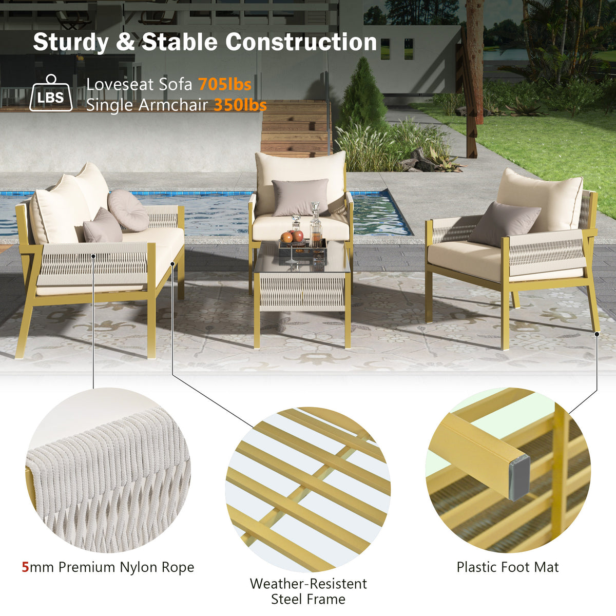 K&K 4-Piece Rope Patio Furniture Set, Outdoor Furniture with Tempered Glass Table, Patio Conversation Set Deep Seating with Thick Cushion for Backyard Porch Balcony (Beige&Mustard Yellow) SK000003AAZ-djyc