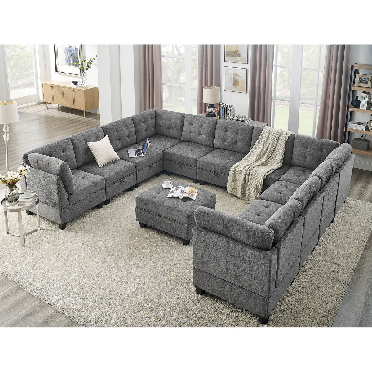 U shape Modular Sectional Sofa,DIY Combination,includes Seven Single Chair, Four Corner and One Ottoman,Grey W487S00203-djyc