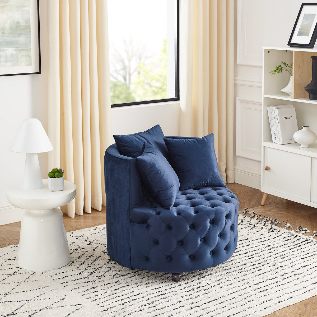 Velvet Upholstered Swivel Chair for Living Room, with Button Tufted Design and Movable Wheels, Including 3 Pillows, Blue W487124835-djyc