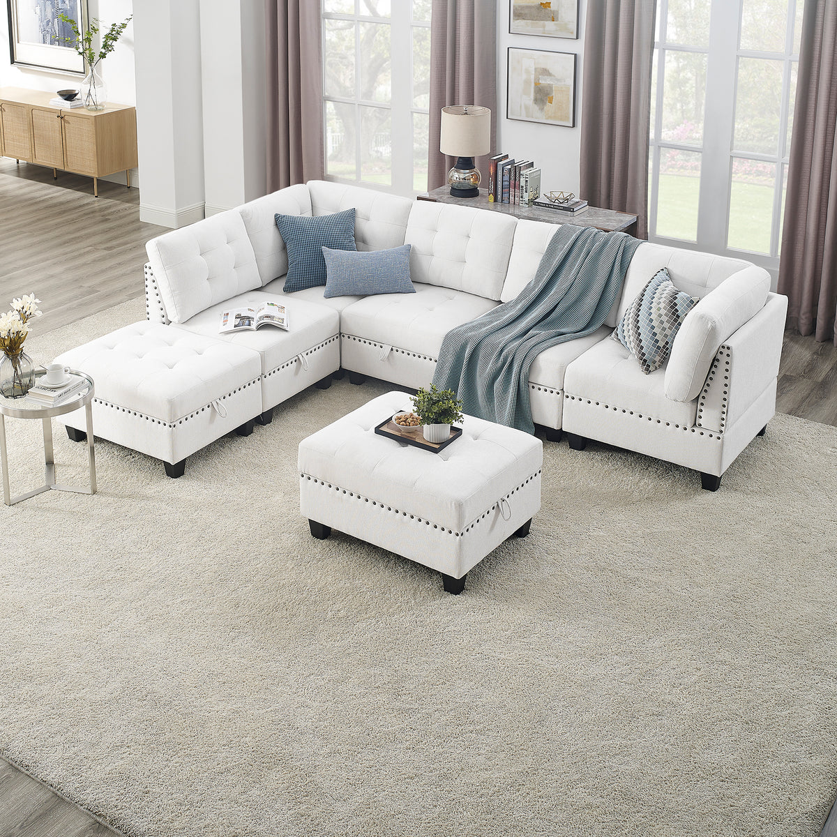 L shape Modular Sectional Sofa,DIY Combination,includes Three Single Chair ,Two Corner and Two Ottoman,Ivory Chenille W487S00196-djyc