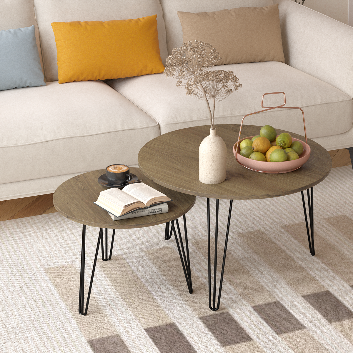 27.56'' Round Nesting Coffee Table Set of 2, Circular Nesting End Table Set, Round Wooden Tabletop, and Sturdy Metal Base for Living Room, bedroom, Brown W808P176732-djyc