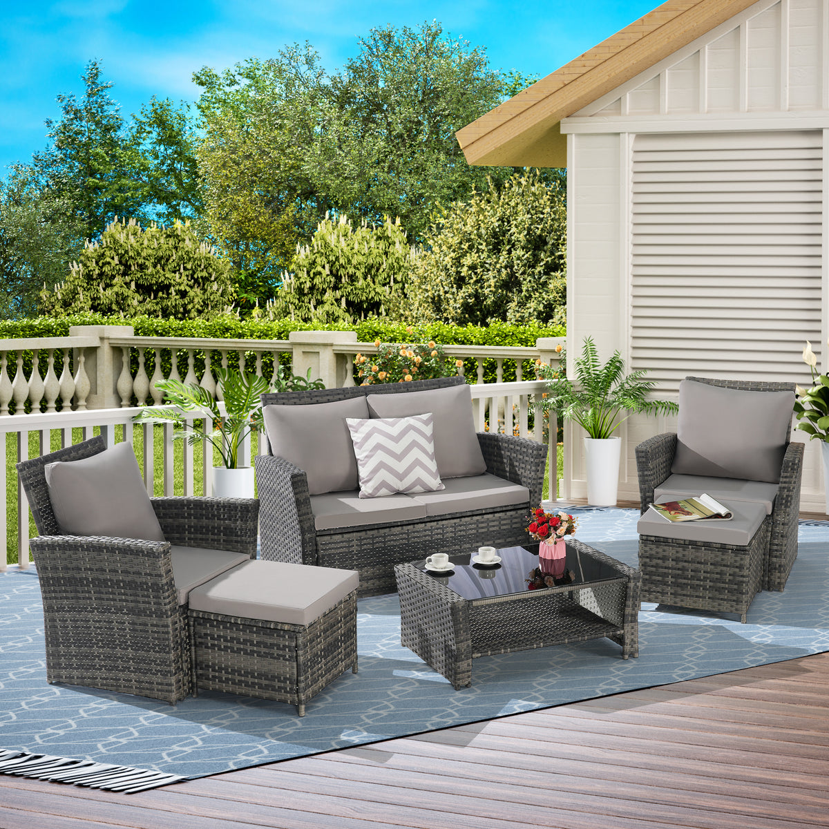 6 Piece Wicker Patio Furniture Sets with Ottoman & Tempered Glass Coffee Table W874P264687-djyc