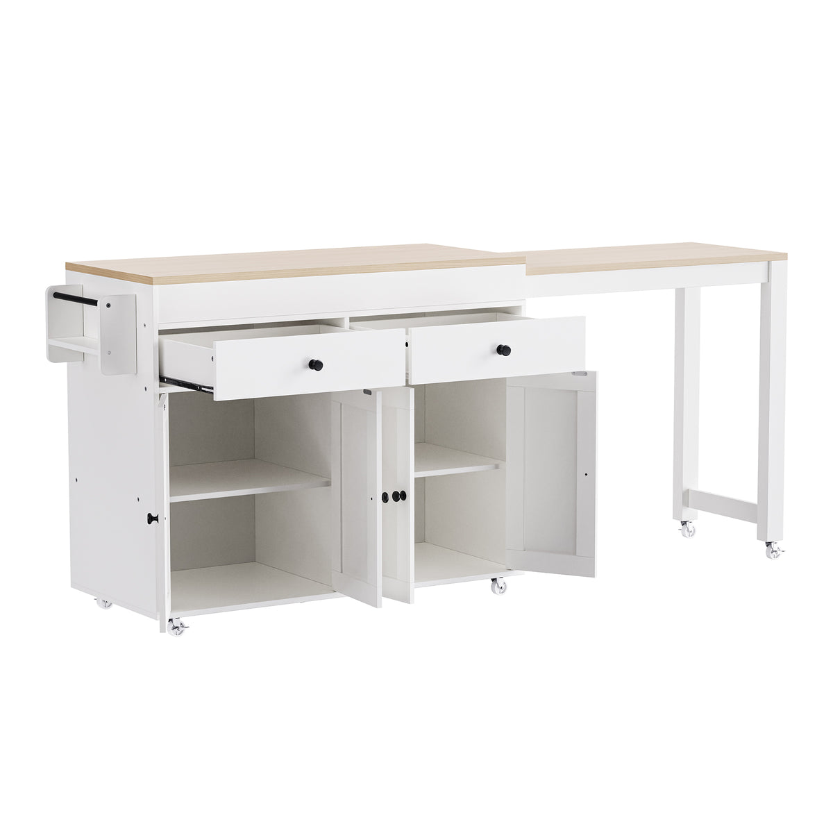 K&K 74.5 inch Kitchen Island with Extendable Dining Table , Rolling Kitchen Island on Wheels with Spice Rack and 2 Drawers,Kitchen Storage Cart with 4 Door Cabinet, for Kitchen, Dining Room, White N707S000009W-djyc