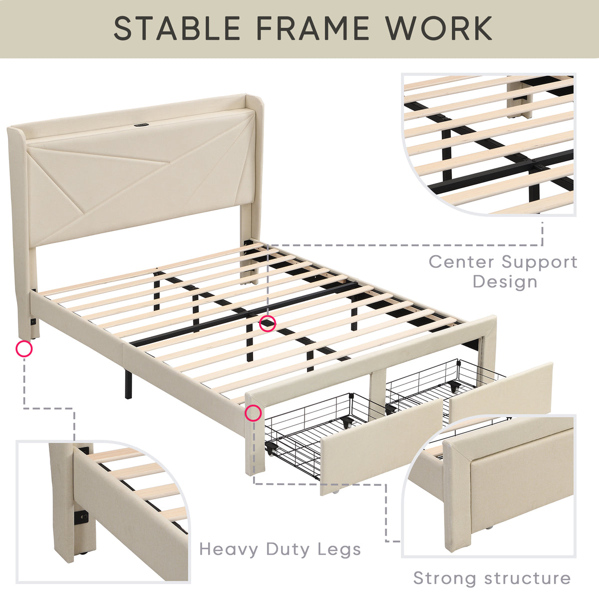 Full Size Bed Frame with 2 Storage Drawers, Upholstered Bed Frame with Wingback Headboard Storage Shelf Built-in USB Charging Stations and Strong Wood Slats Support, No Box Spring Needed, Beige W1916126256-djyc