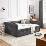 Daybed with Trundle Upholstered Tufted Sofa Bed, with Button and Copper Nail on Arms,Full Daybed & Twin Trundle, Grey(85.5"x57"x30.5") W487S00078-djyc