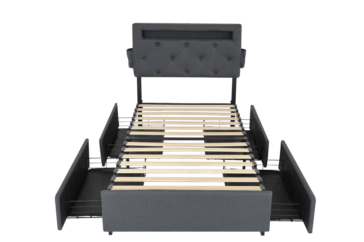 Twin Bed Frame with USB Charging Station & LED Lights, Twin Bed Frame with Headboard & 4 Storage Drawers, D W1960P175562-djyc