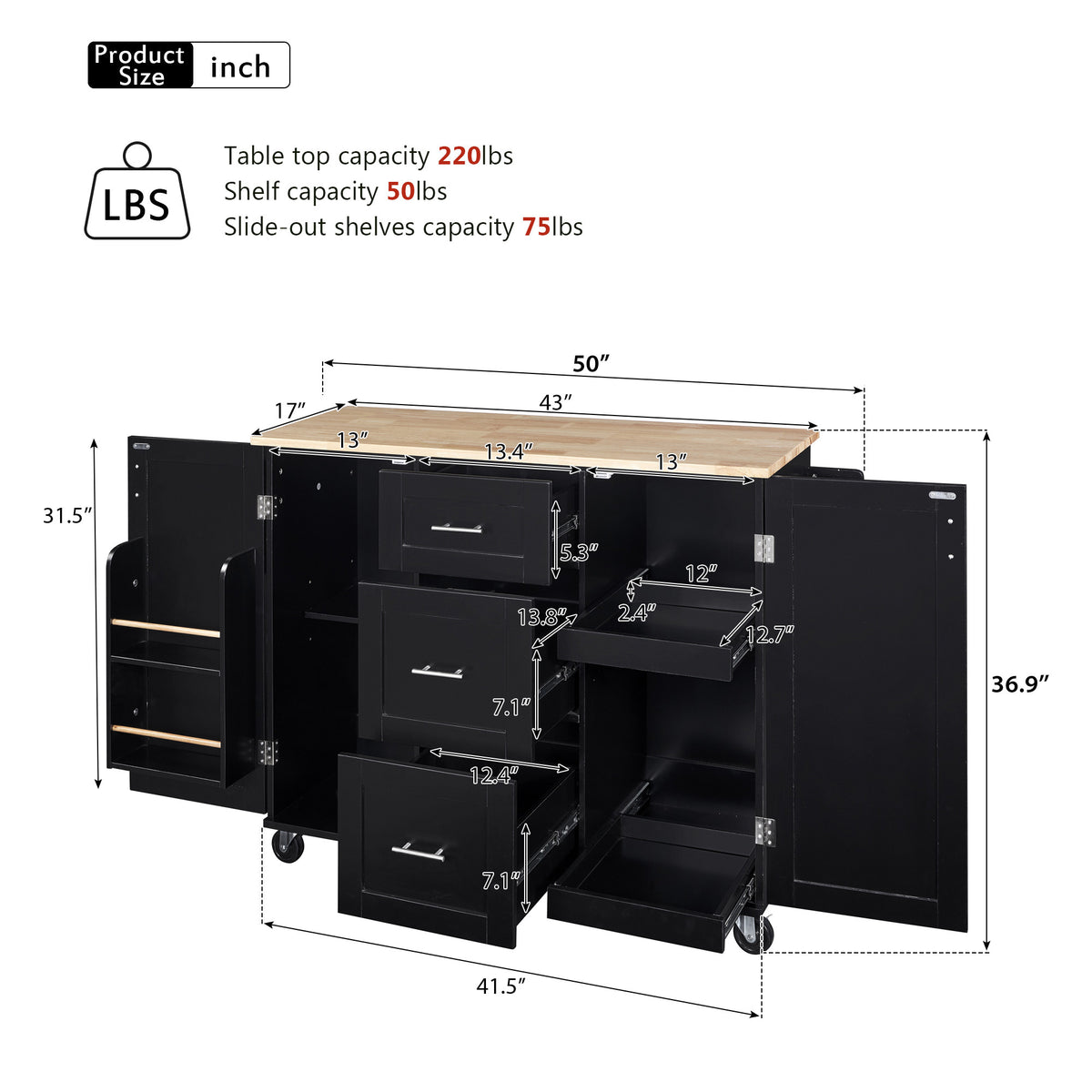 K&K Rolling Kitchen Island with Storage, Kitchen Cart with Rubber Wood Top, 3 Drawer, 2 Slide-Out Shelf and Internal Storage Rack, Kitchen Island on Wheels with Spice Rack & Tower Rack, Black WF316599AAB-djyc