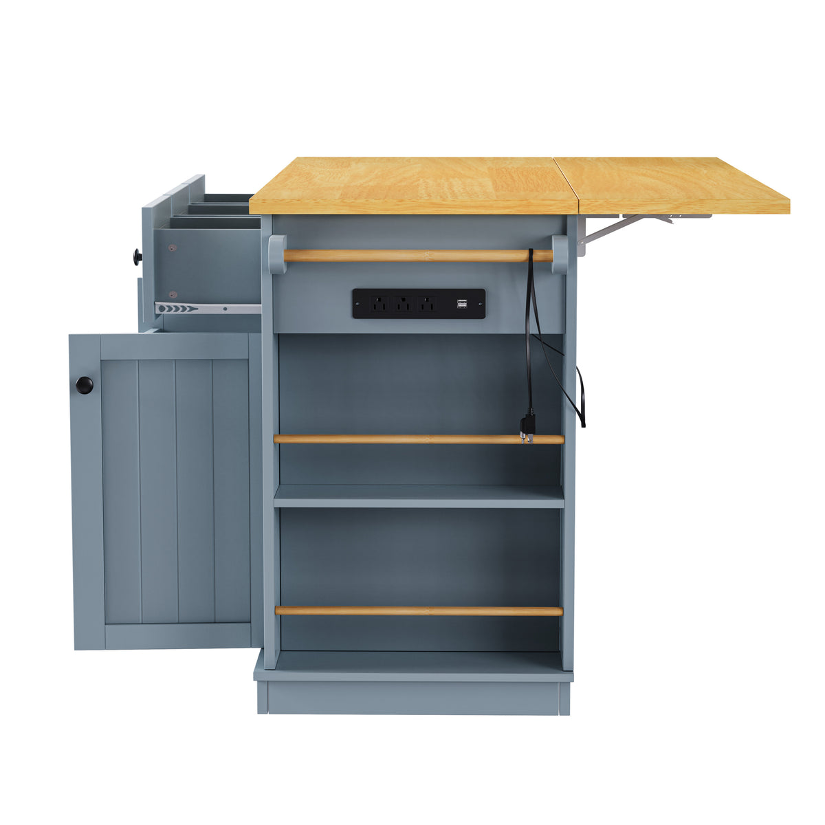 K&K 53inch Large Kitchen Island with Drop Leaf,Power Outlet,Door Internal Storage Rack,Rolling Kitchen Cart on 5 Wheels with 5 Open Side Racks for Kitchen,Dining Room,Grey Blue(Not include bar stools) N707P185531G-djyc