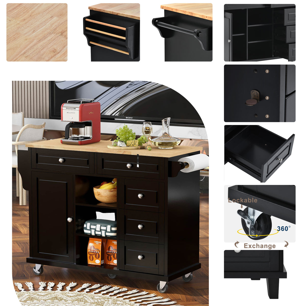 Kitchen cart with Rubber wood desktop rolling mobile kitchen island with storage and 5 drawers 53 Inch length (Black) WF297003AAB-djyc