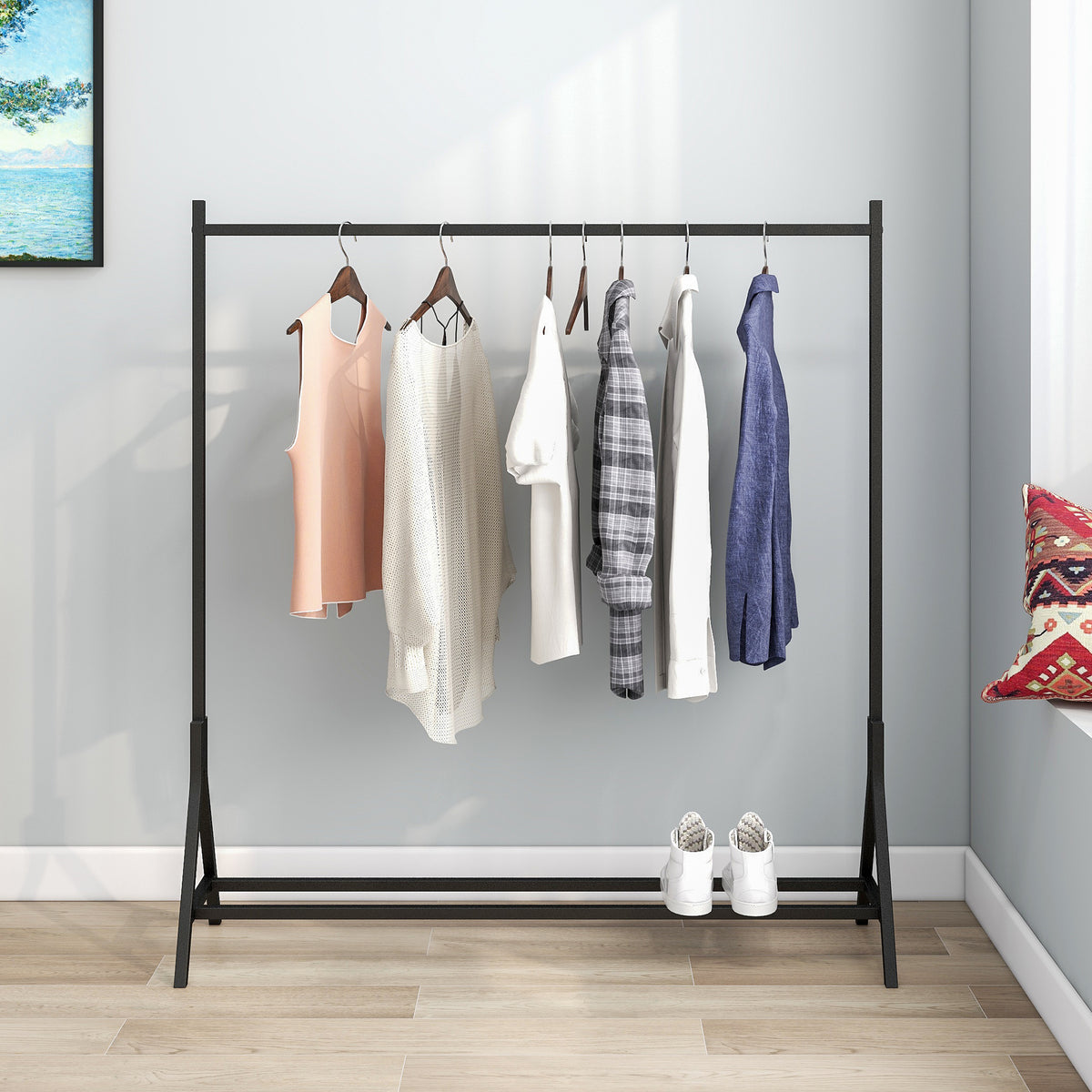 Garment Rack Freestanding Hanger Multi-functional Single pole Bedroom Clothing Rack Bedroom, Black W840P201084-djyc