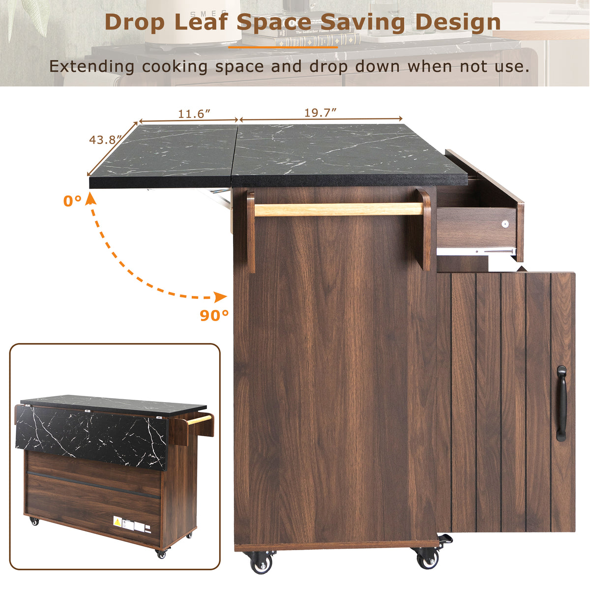 K&K Kitchen Island with Trash Can Storage Cabinet, Kitchen Cart with Drop Leaf, Spice Rack, Towel Rack and Drawer, Rolling Kitchen Island on Wheels with Adjustable Shelf, Walnut Brown WF326381AAZ-djyc