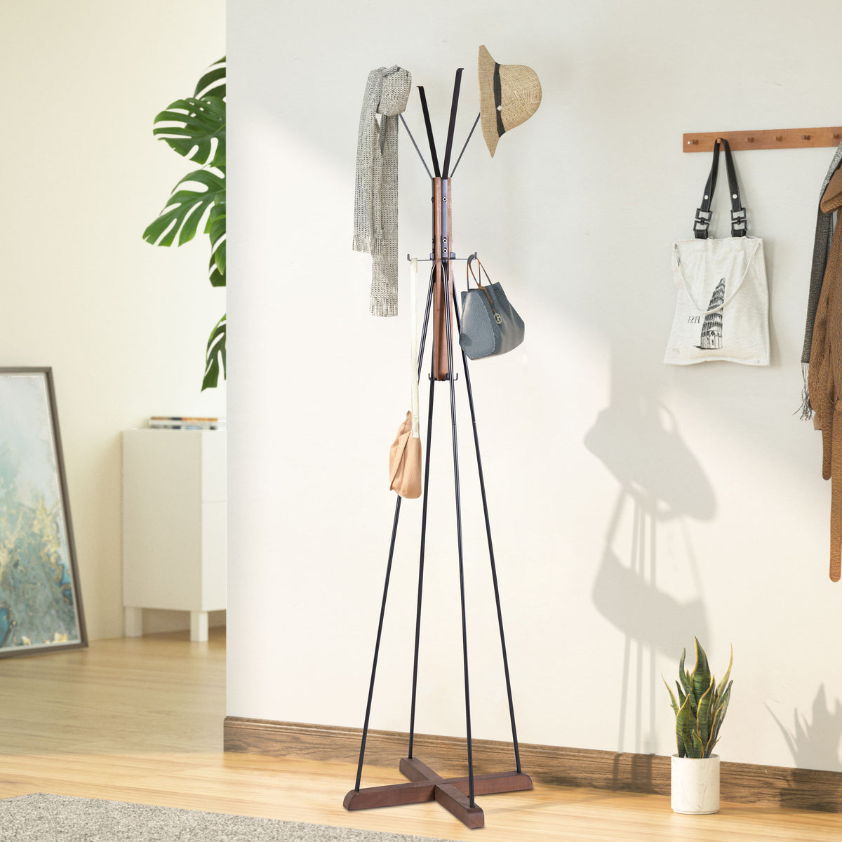 Reclaimed Wood and Metal Freestanding Coat Rack with Hooks use in bedroom, living room W142562423-djyc