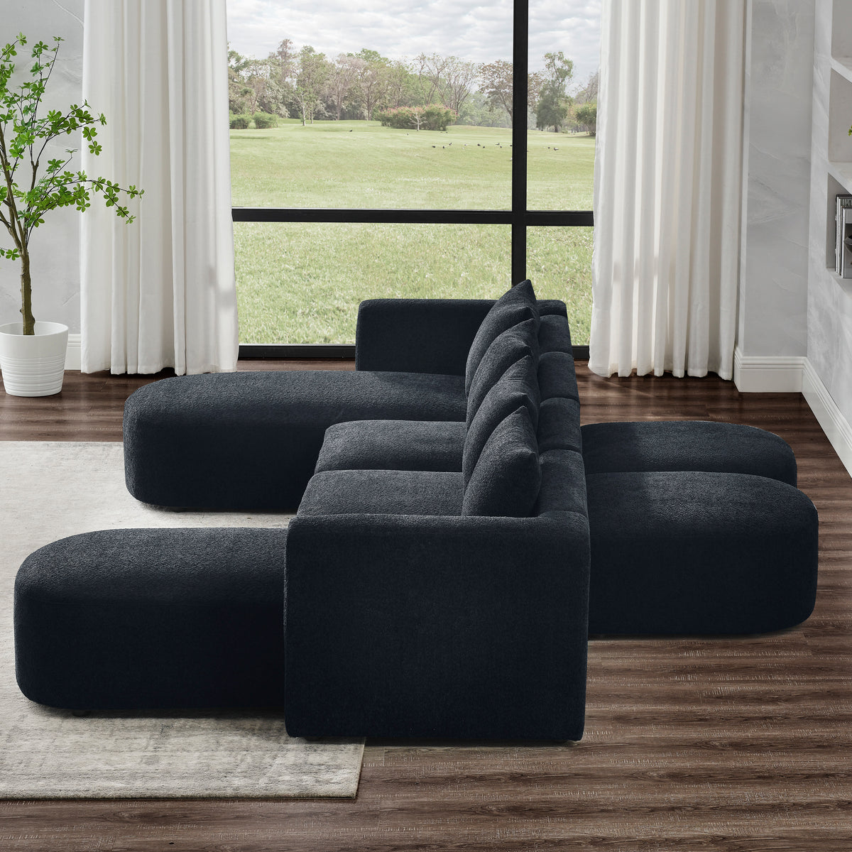 U Shape Sectional Sofa including Two Single Seat, Two Chaises and Two Ottomans, Modular Sofa, DIY Combination, Loop Yarn Fabric, Black W487S00159-djyc