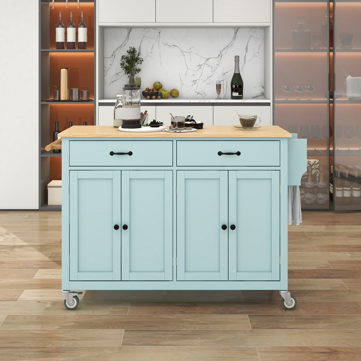 Kitchen Island Cart with 4 Door Cabinet and Two Drawers and 2 Locking Wheels - Solid Wood Top, Adjustable Shelves, Spice & Towel Rack(Mint Green) WF286911AAN-djyc