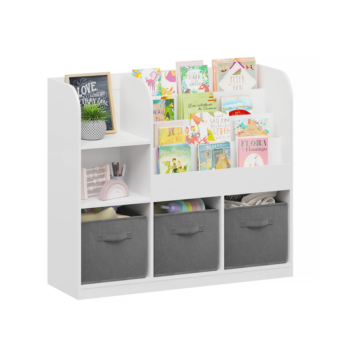 Kids Bookcase and Bookshelf, Multifunctional Bookcase with 3 Collapsible Fabric Drawers, Bookcase Display Stand, Toy Storage Organizer for Bedroom, Playroom, Hallway (White/Gray) W808127602-djyc