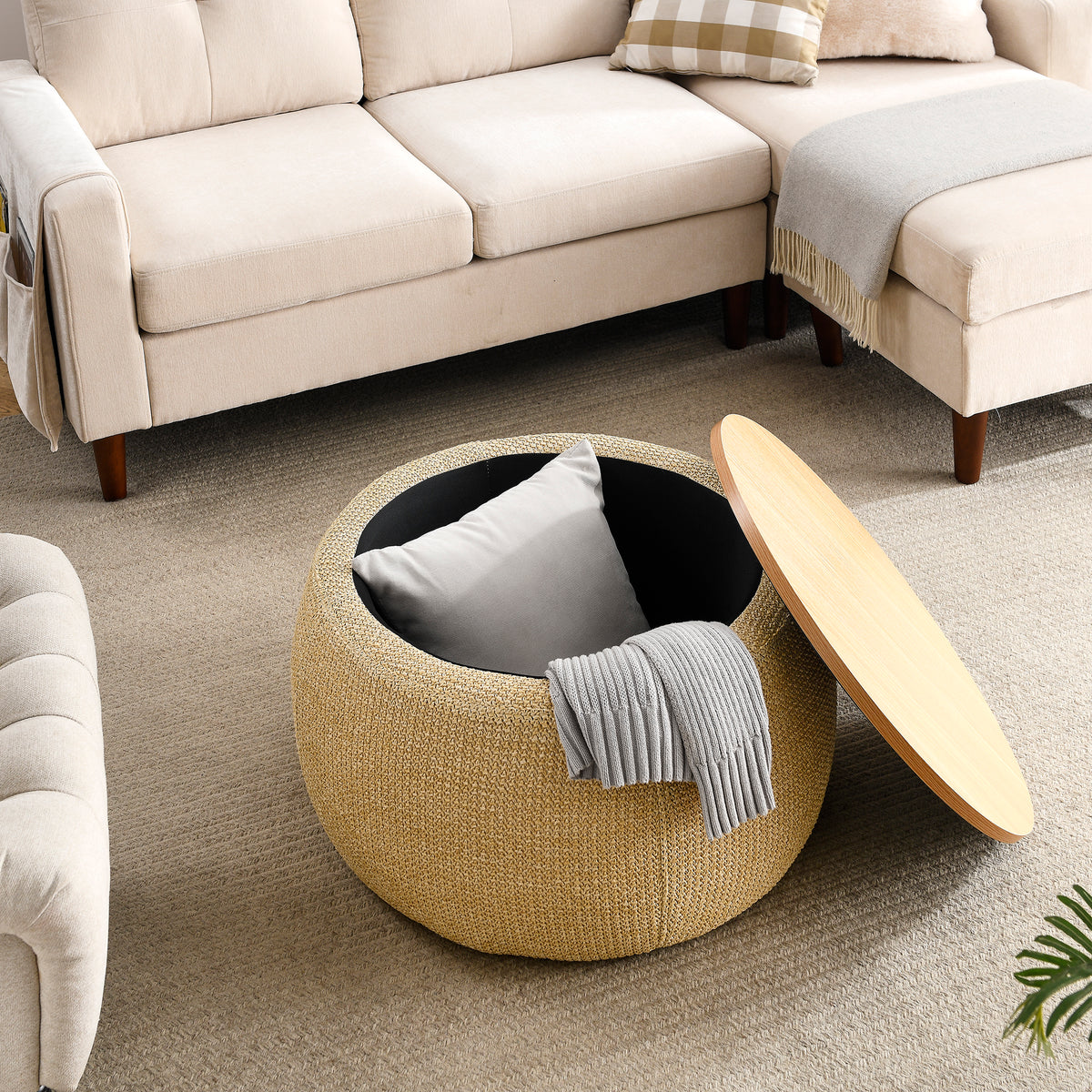 Round Storage Ottoman, 2 in 1 Function, Work as End table and Ottoman, Natural (25.5"x25.5"x14.5") W48762888-djyc