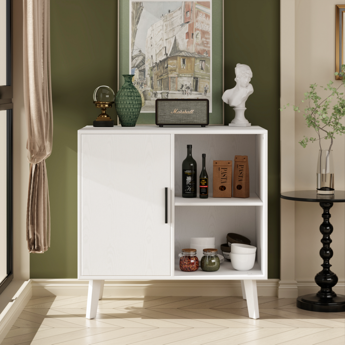 Sideboard Buffet Kitchen Storage Cabinet, Accent Cabinet with Solid Wood Feet for Decorated Doors, Dining Room, Hallway, Cupboard Console Table, Liquor / Accent Cabinet (White) W808P152923-djyc