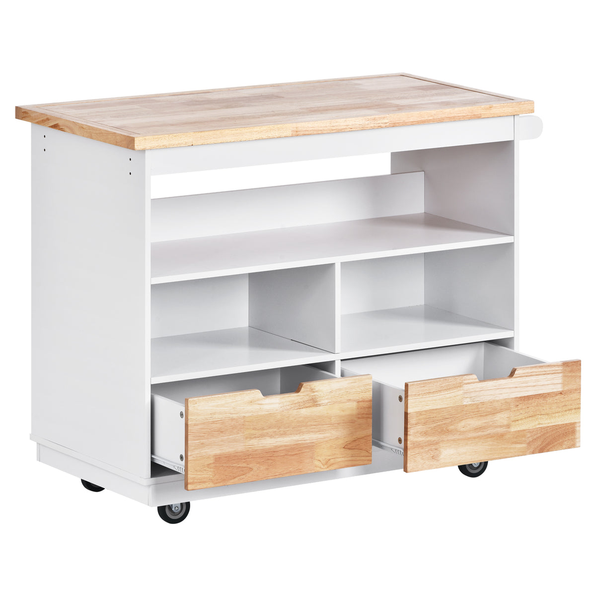 Rolling Kitchen Island with Storage, Two-sided Kitchen island Cart on Wheels with RubberWood Top,Wine and Spice Rack, Large Kitchen Cart with 2 Drawers, 3 Open Compartments, White WF318964AAW-djyc