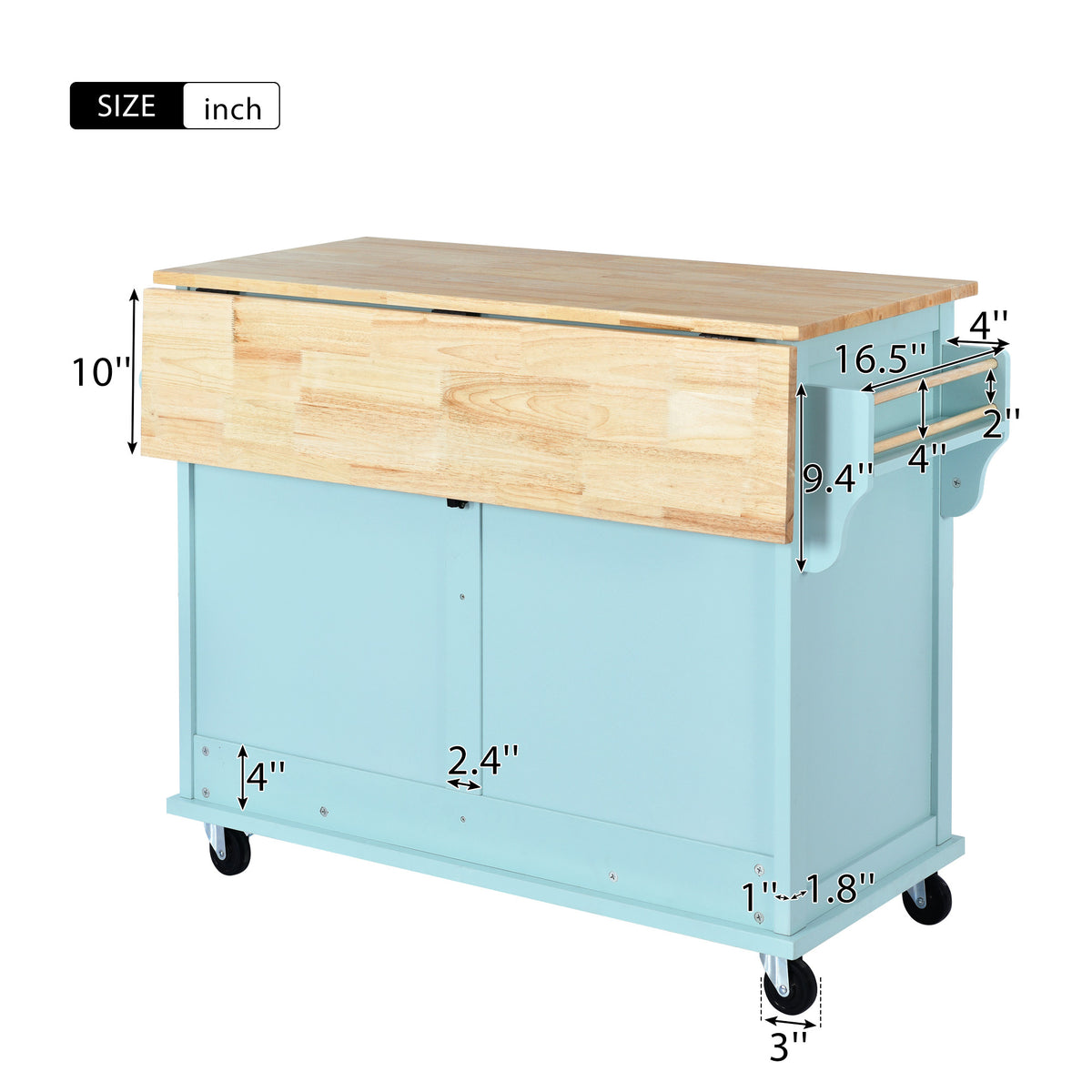 Kitchen Cart with Rubber wood Drop-Leaf Countertop, Concealed sliding barn door adjustable height,Kitchen Island on 4 Wheels with Storage Cabinet and 2 Drawers,L52.2xW30.5xH36.6 inch, Mint Green SK000001AAE-djyc