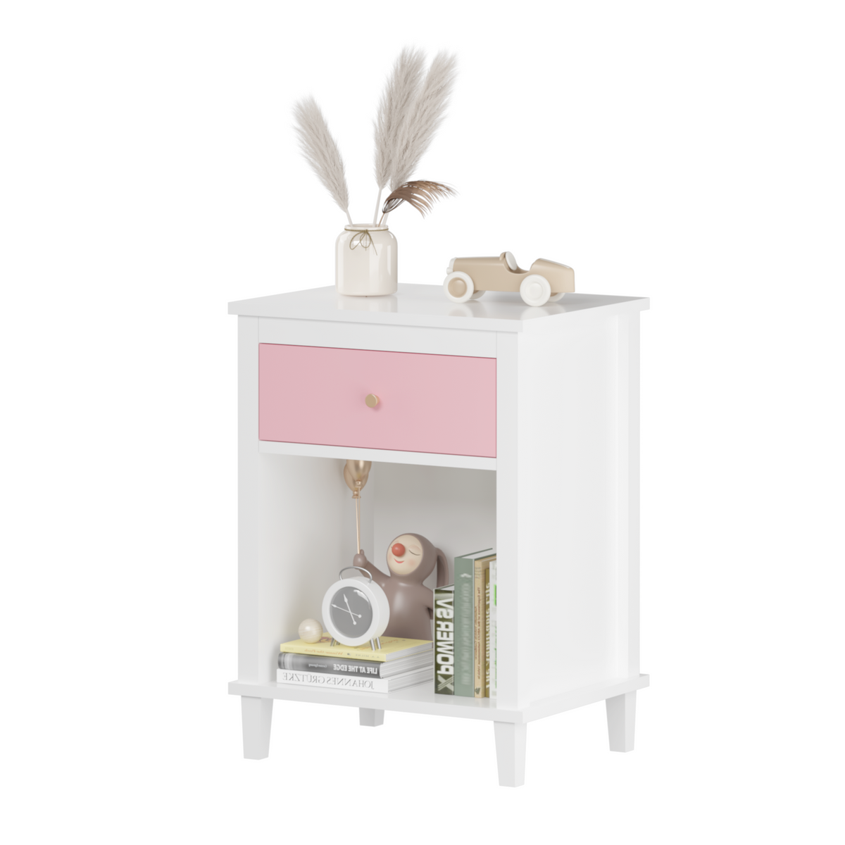 26.77''H Wooden Nightstand with One Drawer One Shelf for Kids, Adults, Pink W80859135-djyc