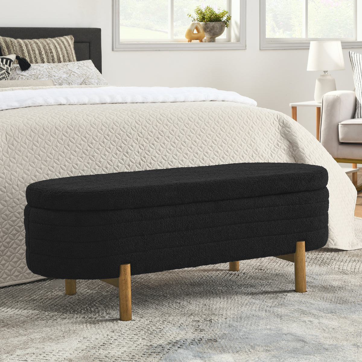 Ottoman Oval Storage Bench,Rubber Wood Leg,Black(46."x17.7"x10.8") W487P178760-djyc