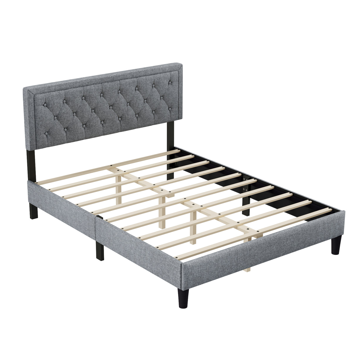 Queen size Panel Bed Frame with Adjustable Button-Tufted Headboard for Bedroom/Linen Upholstered/Wood Slat Support/Easy Assembly,Light Grey W1793140496-djyc