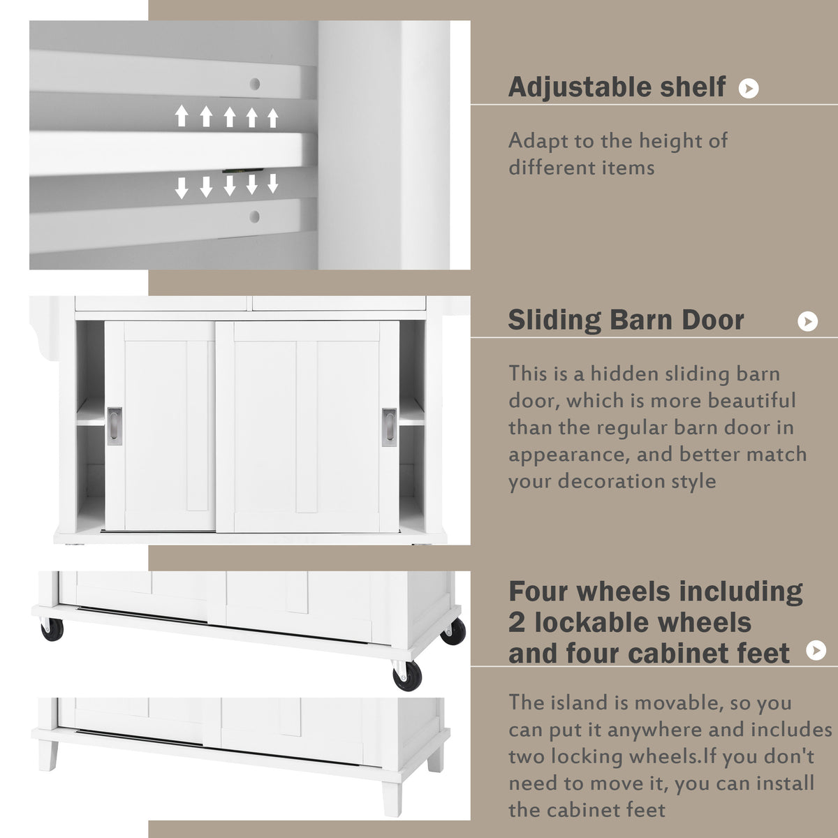 Kitchen Cart with Rubber wood Drop-Leaf Countertop, Concealed sliding barn door adjustable height,Kitchen Island on 4 Wheels with Storage Cabinet and 2 Drawers,L52.2xW30.5xH36.6 inch, White SK000001AAW-djyc