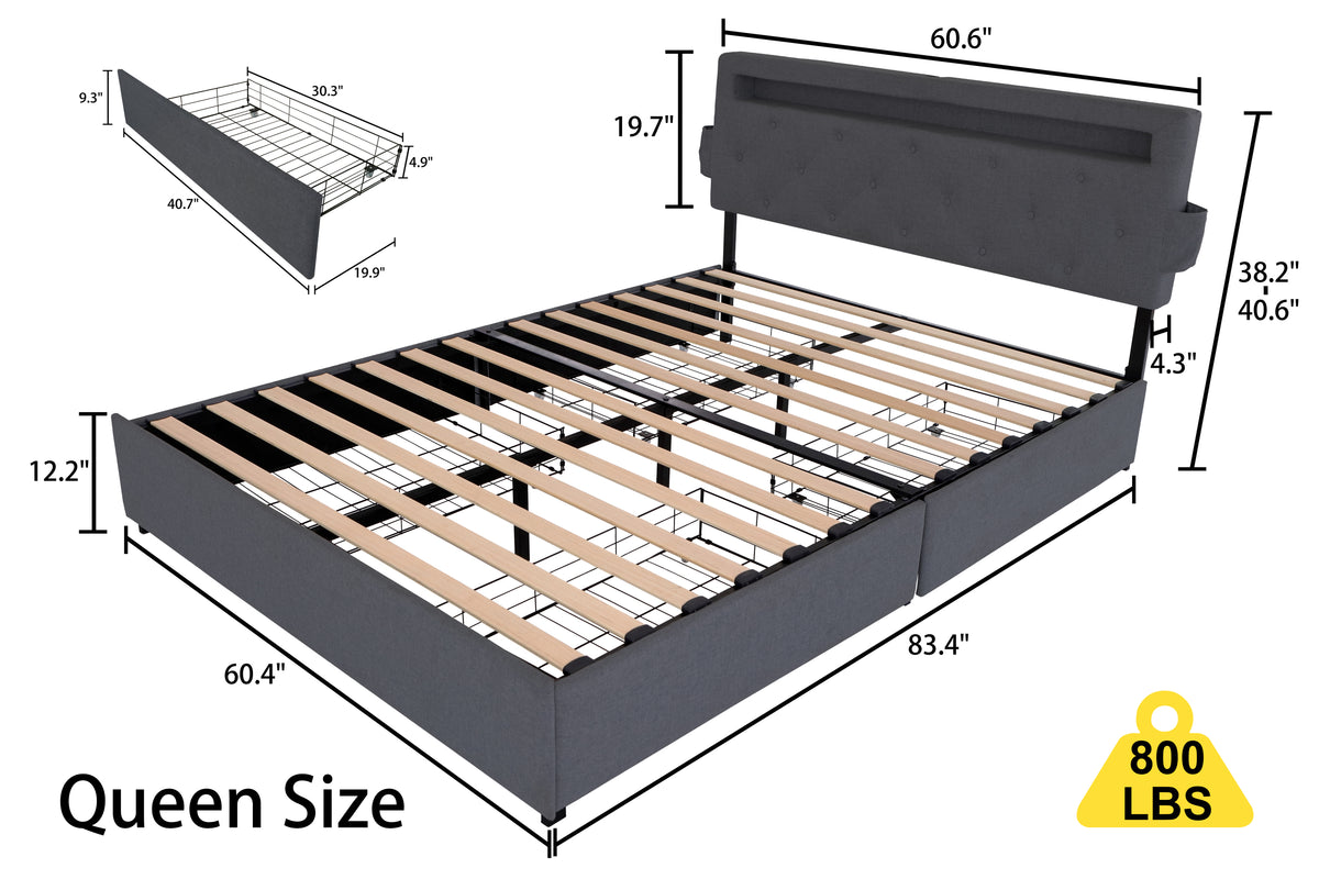 Queen Bed Frame with USB Charging Station & LED Lights, Queen Bed Frame with Headboard & 4 Storage Drawers, D W1960P175566-djyc