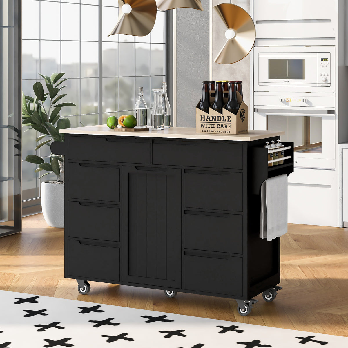 K&K Store Kitchen Cart with Rubber Wood Countertop , Kitchen Island has 8 Handle-Free Drawers Including a Flatware Organizer and 5 Wheels for Kitchen Dinning Room, Black SK000002AAB-djyc