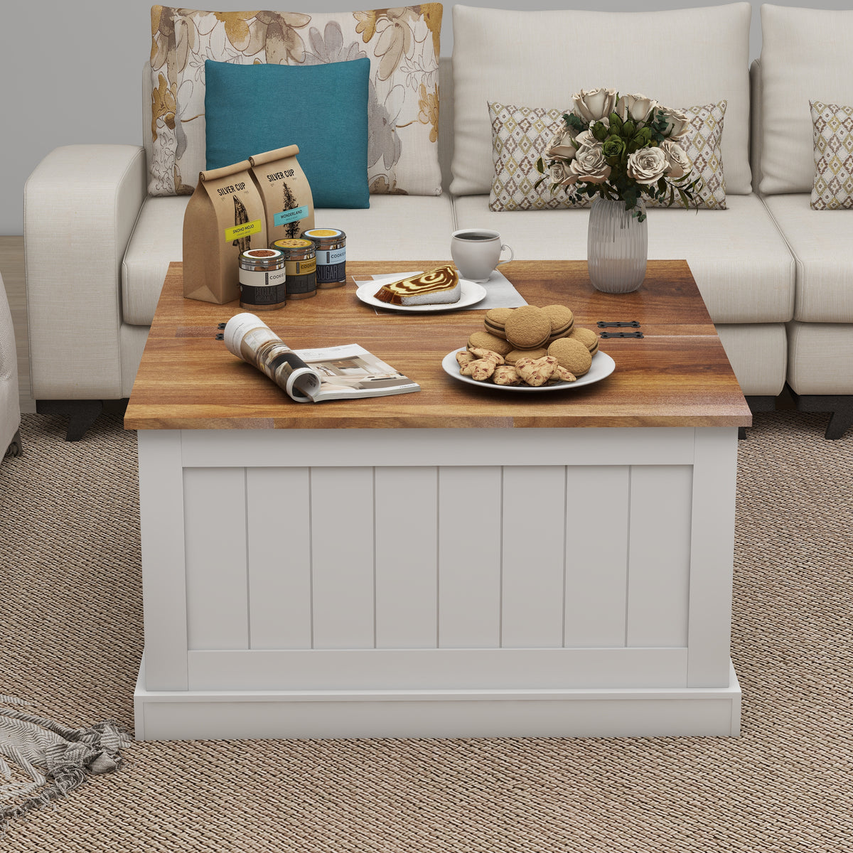 31.5" Farmhouse Coffee Table, Square Wood Center Table with Hinged Lift Top, Rustic Cocktail Table with Large Hidden Storage Compartmen for Living Room-White W282P160415-djyc