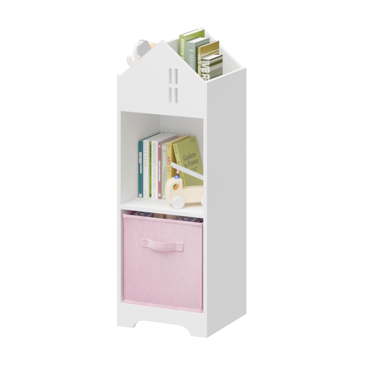 Kids Dollhouse Bookcase with Storage, 2-Tier Storage Display Organizer, Toddler Bookshelf with Collapsible Fabric Drawers for Bedroom or Playroom (White/Pink) W808122618-djyc