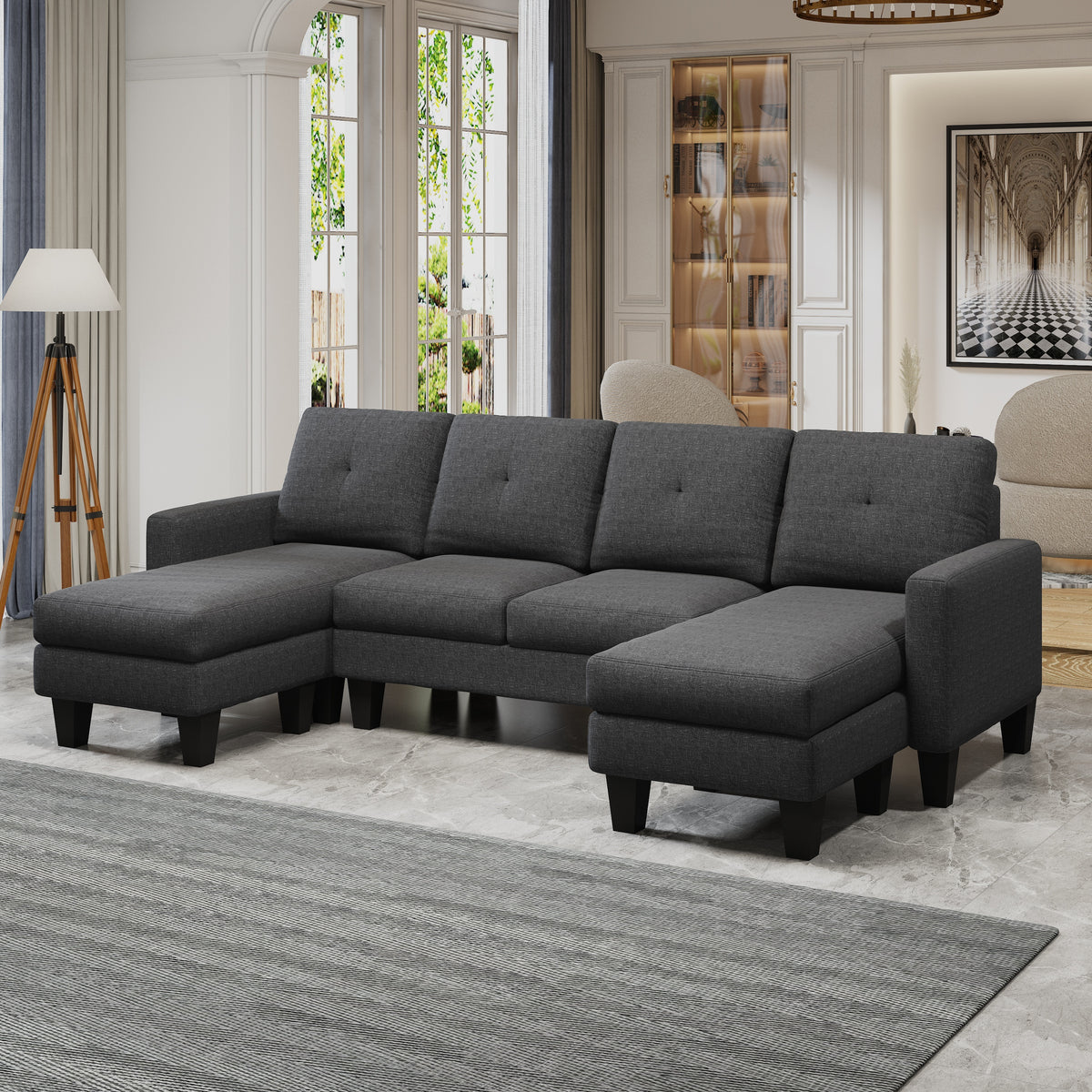 U-Shaped Sofa Coch 4-Seat Sofa with Chaise Polyester Fabric for Living Room Apartment Office (Dark Grey) W1669S00002-djyc