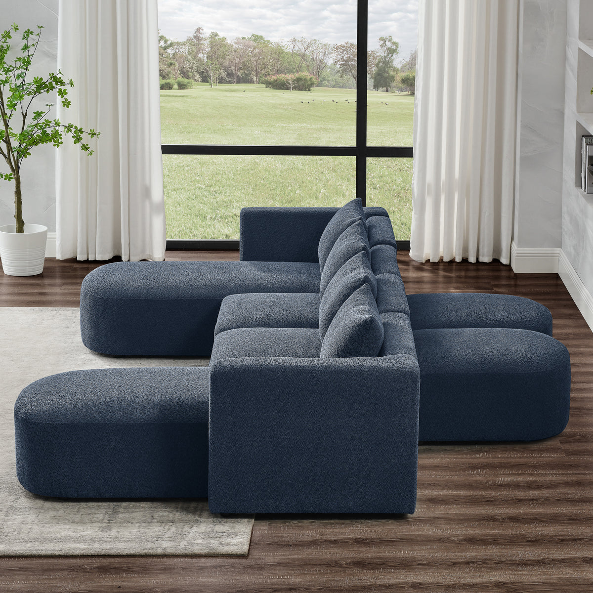 U Shape Sectional Sofa including Two Single Seat, Two Chaises and Two Ottomans, Modular Sofa, DIY Combination, Loop Yarn Fabric, Navy W487S00163-djyc