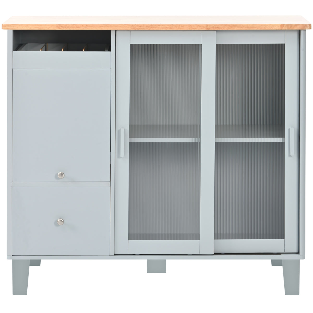 Kitchen Island with Drop Leaf, LED Light Kitchen Cart on Wheels with 2 Fluted Glass Doors and 1 Flip Cabinet Door, Large Kitchen Island Cart with an Adjustable Shelf and 2 Drawers (Grey Blue) WF311171AAG-djyc