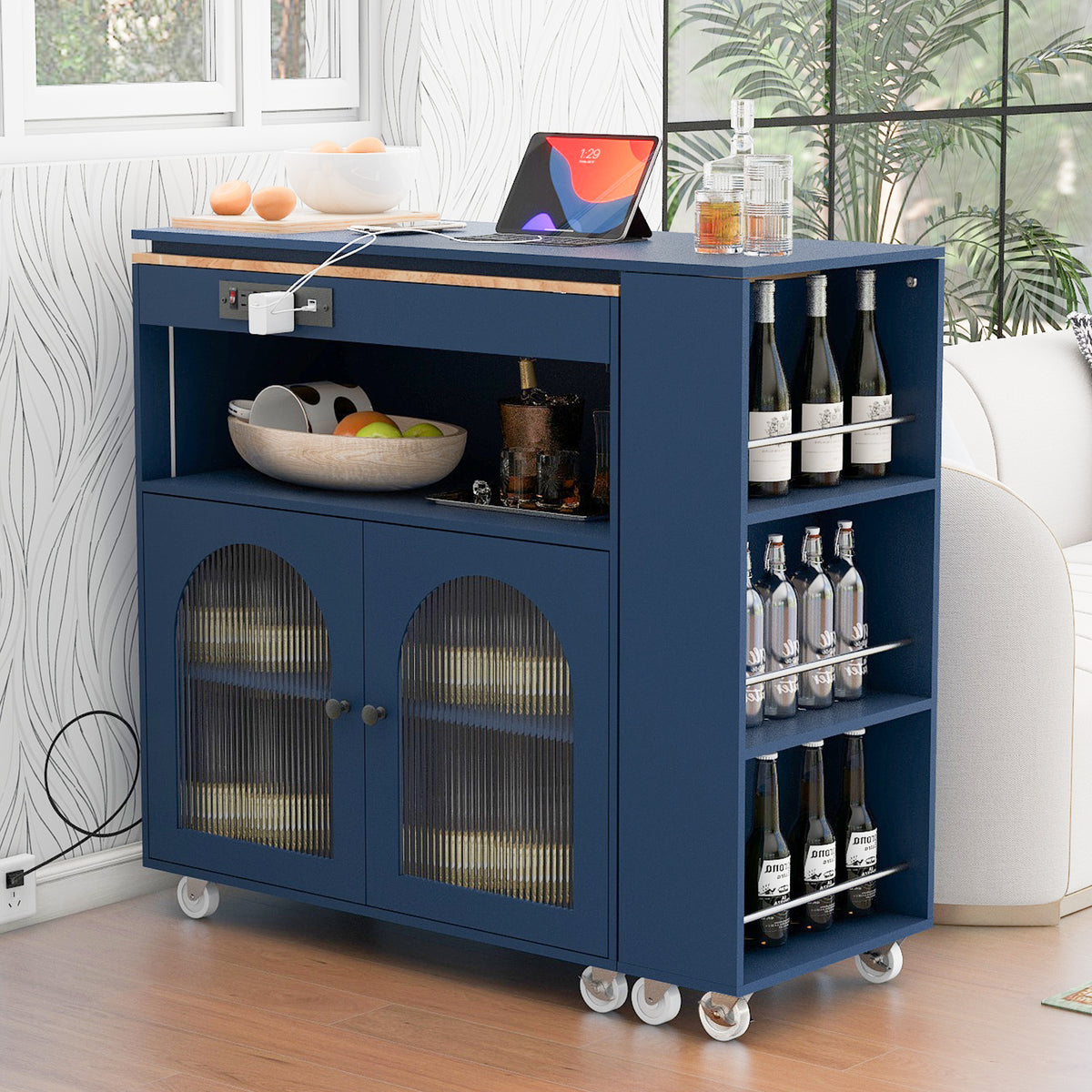 K&K Rolling Kitchen Island With Extended Table, Kitchen Island on Wheels with LED Lights,Power Outlets and 2 Fluted Glass Doors, Kitchen Island with a Storage Compartment and Side 3 Open Shelves, Navy WF316018AAN-djyc