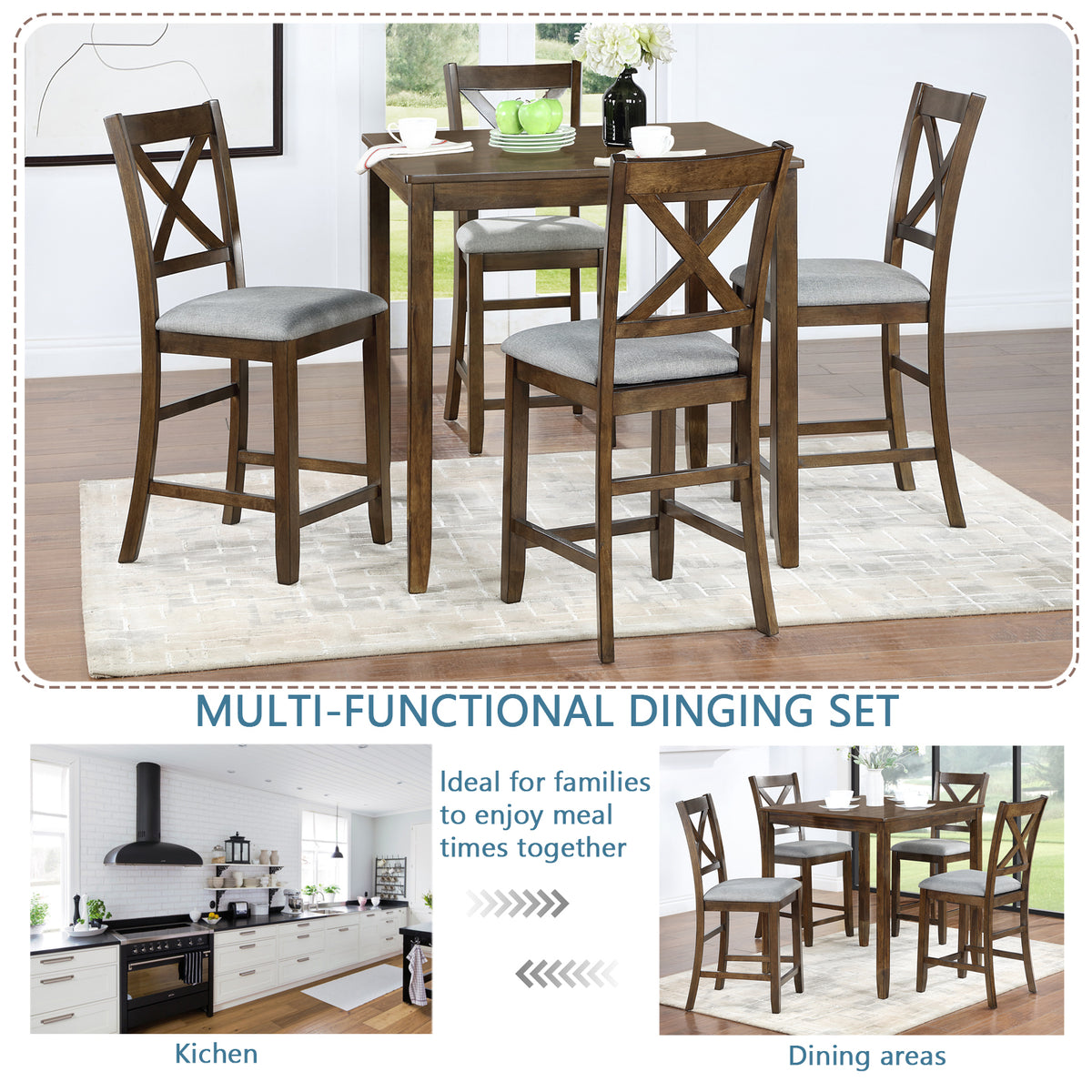 5 Piece Dining Table Set, Wooden Dining Square Table Set for 4, Counter Height Kitchen Table Set with Square Table and 4 Upholstered Chairs for Small Space, Walnut W1998S00032-djyc