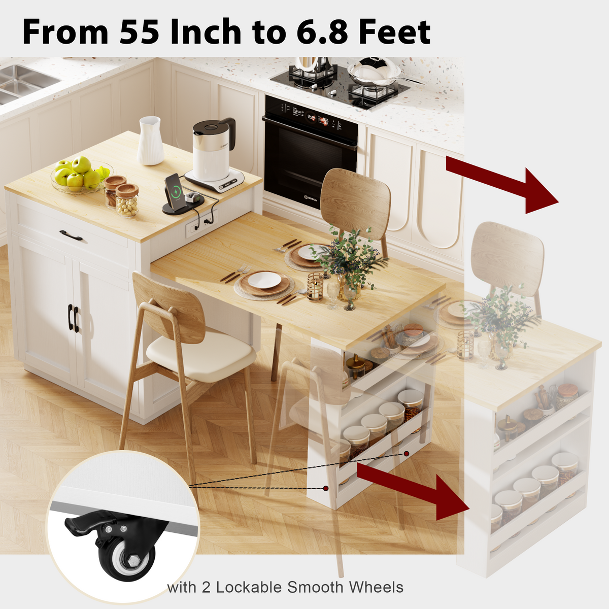 K&K 82.7 inch Kitchen Island with Extendable Dining Table for 4-6 Person,Two-tone Kitchen Table with Double-sized Storage, Power Outlet, Kitchen island with Storage 2 Drawers 2 Side Open Shelves,White N707S000010W-djyc