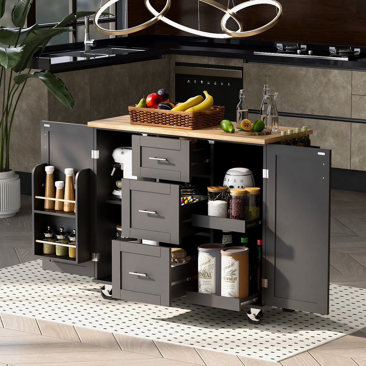 K&K Rolling Kitchen Island with Storage, Kitchen Cart with Rubber Wood Top, 3 Drawer, 2 Slide-Out Shelf and Internal Storage Rack, Kitchen Island on Wheels with Spice Rack & Tower Rack, Black WF316599AAB-djyc