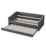 Twin Size Daybed with Twin Size Trundle Upholstered Tufted Sofa Bed, with Button on Back and Copper Nail on Waved Shape Arms-Dark Grey W2336S00008-djyc