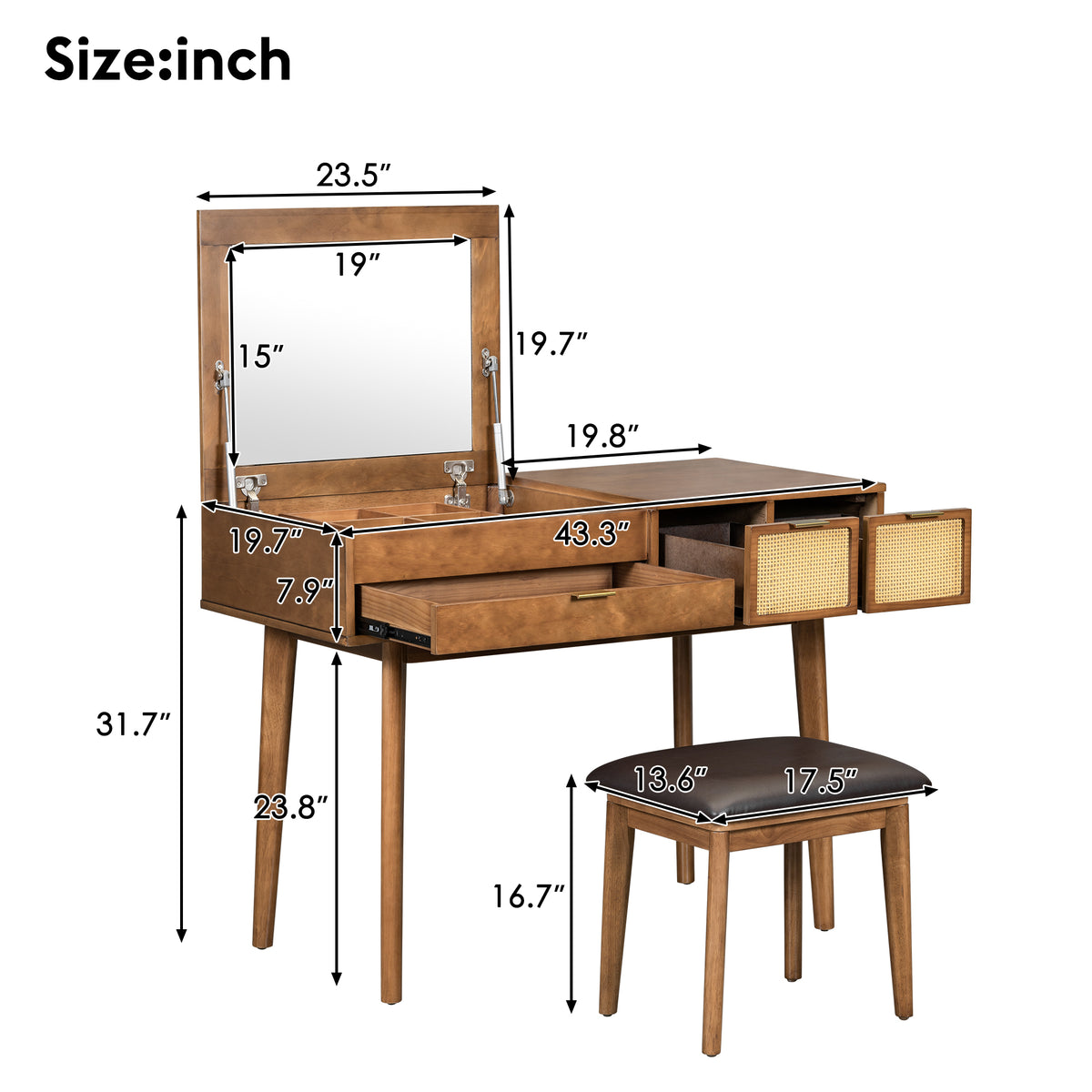 43.3" Classic Wood Makeup Vanity Set with Flip-top Mirror and Stool, Dressing Table with Three Drawers and storage space, Brown N704P165645-djyc