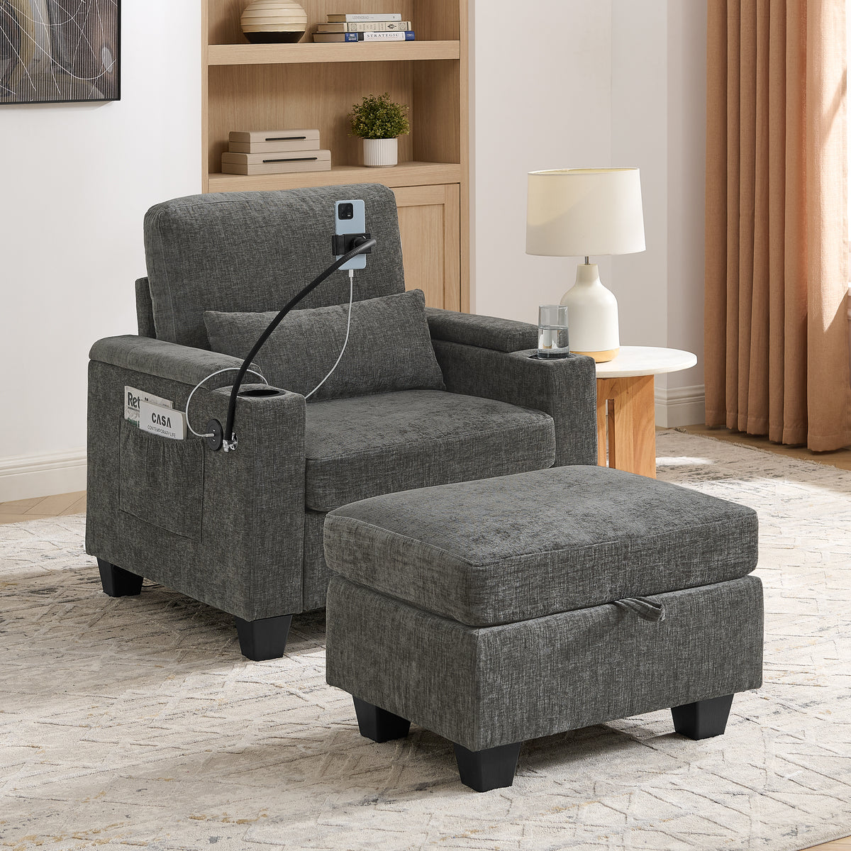 Single sofa recliner with manually adjustable backrest, USB charging port on the armrest side, phone stand included, hidden armrest storage, and a matching storage ottoman-Gray-W487P423648