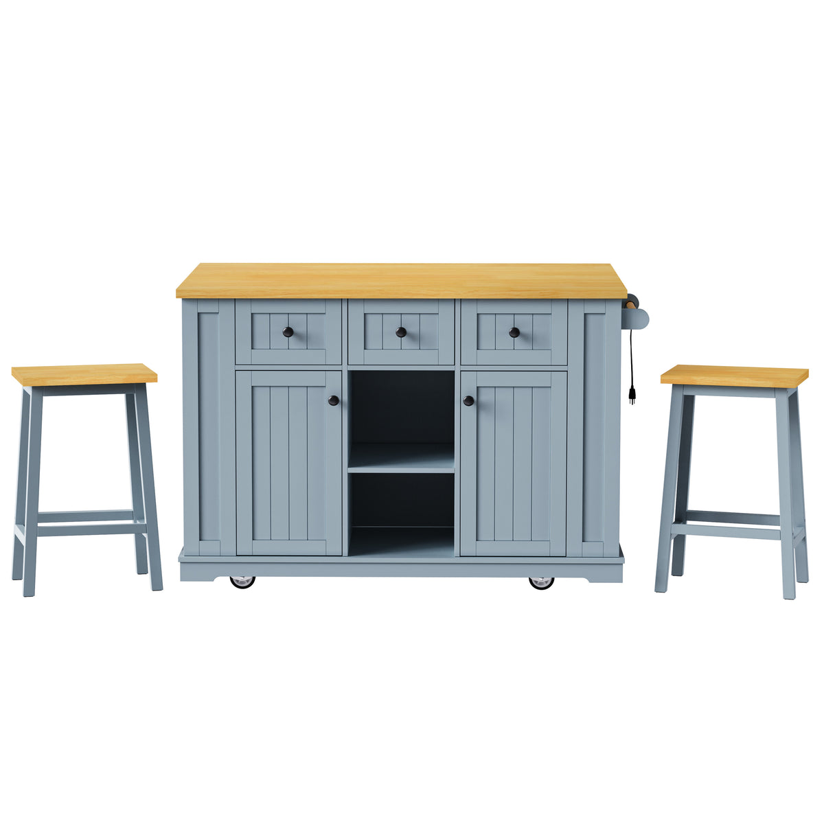 K&K 53inch Large Kitchen Island with 2 Bar Stools, Power Outlet,Door Internal Storage Rack,Kitchen Storage Cart on 5 Wheels with Drop Leaf,5 Open Side Racks,3 Drawers for Kitchen,Dining Room,Grey Blue N707S000007G-djyc