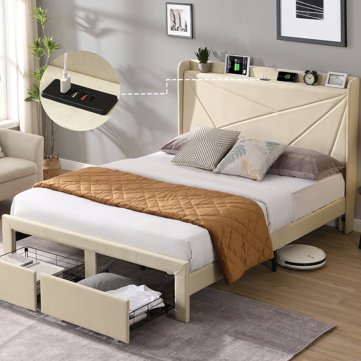 Full Size Bed Frame with 2 Storage Drawers, Upholstered Bed Frame with Wingback Headboard Storage Shelf Built-in USB Charging Stations and Strong Wood Slats Support, No Box Spring Needed, Beige W1916126256-djyc