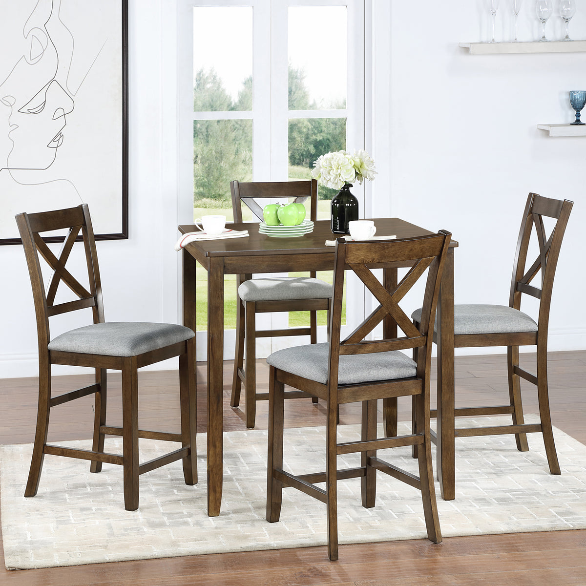 5 Piece Dining Table Set, Wooden Dining Square Table Set for 4, Counter Height Kitchen Table Set with Square Table and 4 Upholstered Chairs for Small Space, Walnut W1998S00032-djyc