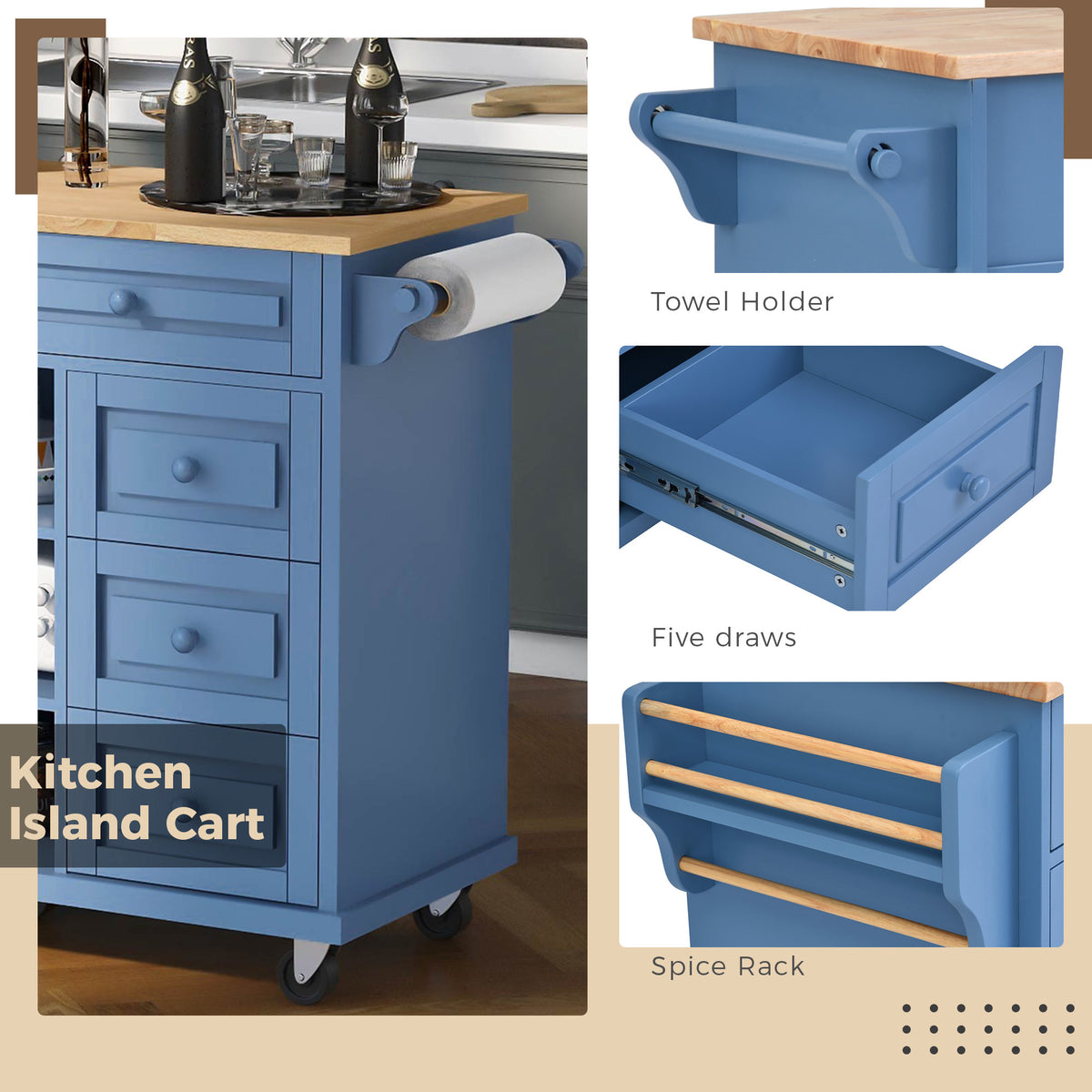 Kitchen cart with Rubber wood desktop rolling mobile kitchen island with storage and 5 draws 53 Inch length (Blue) WF297003AAG-djyc