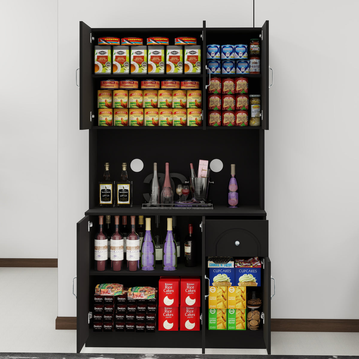 71" Kitchen Pantry Storage Cabinet with Microwave Oven Countertop, Freestanding Hutch Cabinet with Adjustable Shelves, 6 Doors and 1 Drawer-Black W282P170918-djyc