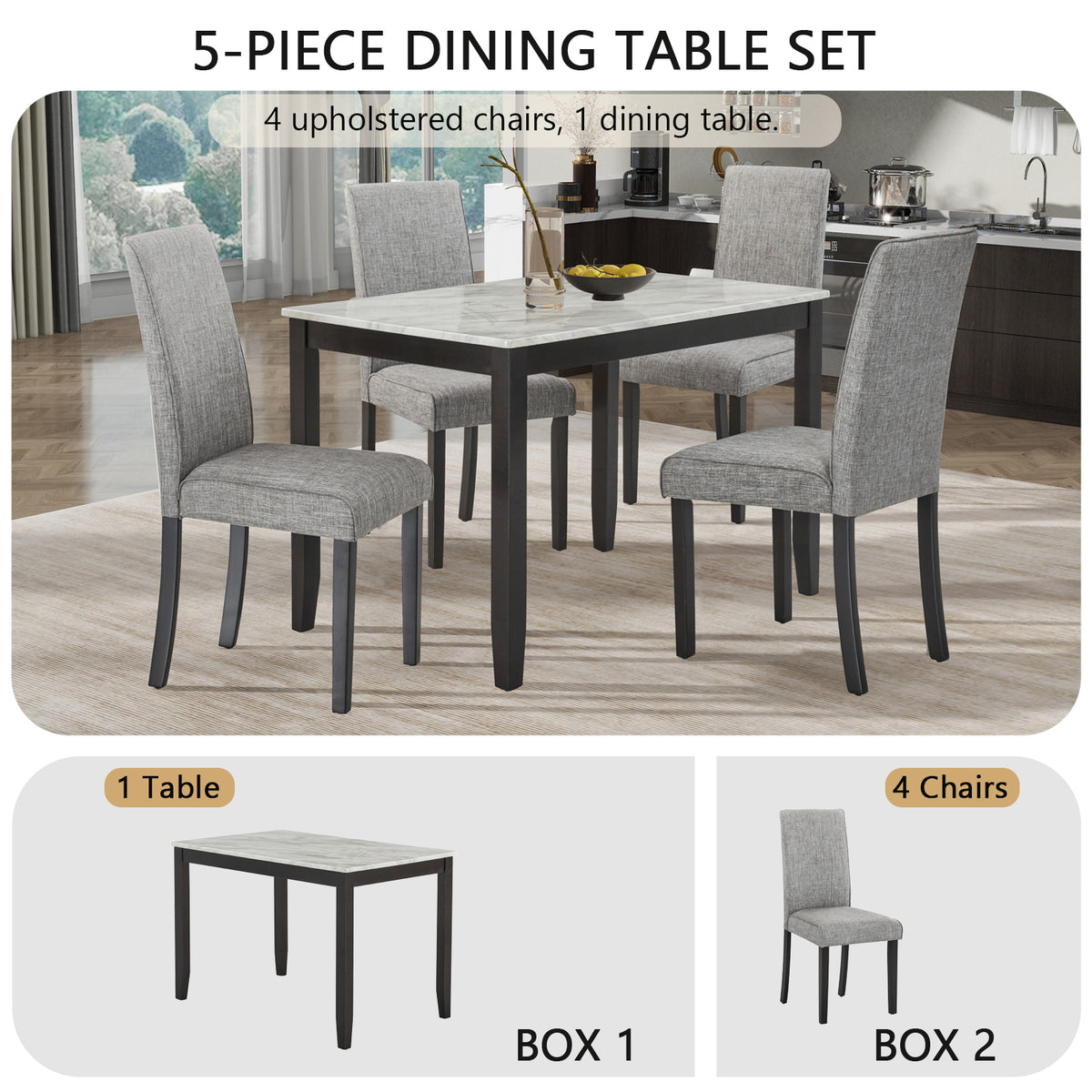 5-Piece Dining Set with Faux Marble Tabletop, Faux Marble dining table set for 4, Modern Wooden Dining Table Set for Kitchen and Dining Room, White +Dark Espresso W1998S00058-djyc