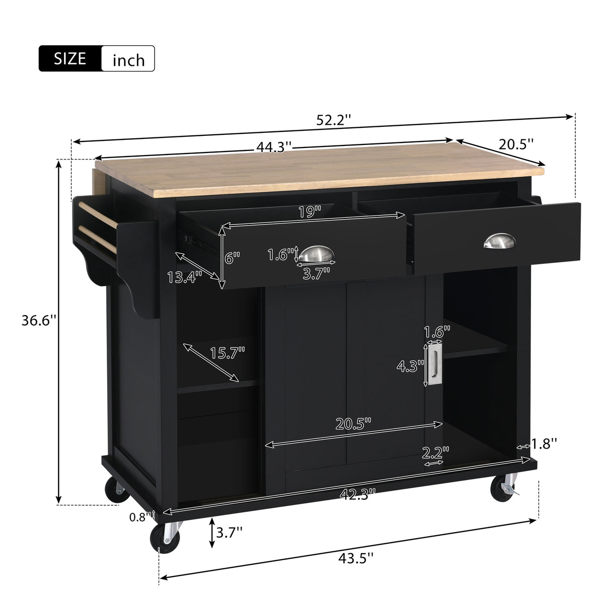 Kitchen Cart with Rubber wood Drop-Leaf Countertop, Concealed sliding barn door adjustable height,Kitchen Island on 4 Wheels with Storage Cabinet and 2 Drawers,L52.2xW30.5xH36.6 inch, Black SK000001AAB-djyc